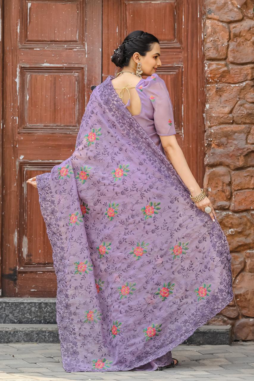 Women's Elegant Sage Green Georgette Saree with Delicate Floral Embroidery & Sequin Work – Perfect for Summer Festivities & Day Events - Image 23