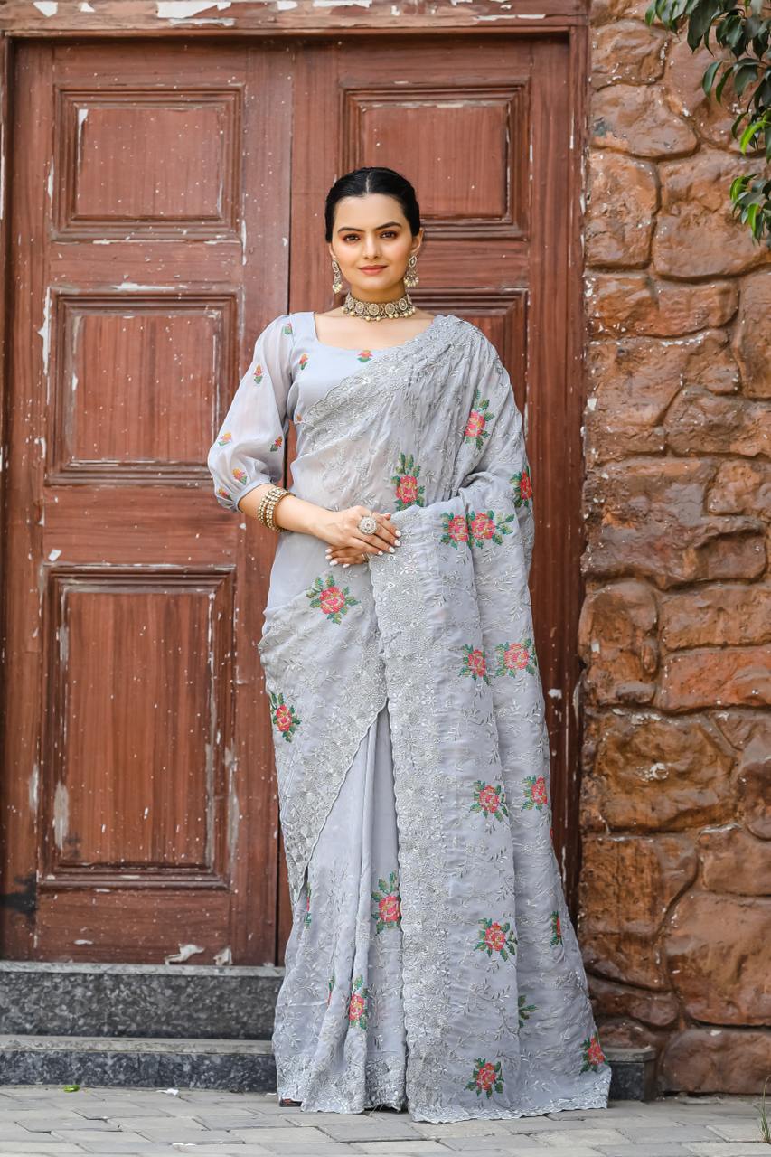 Women's Elegant Sage Green Georgette Saree with Delicate Floral Embroidery & Sequin Work – Perfect for Summer Festivities & Day Events - Image 15