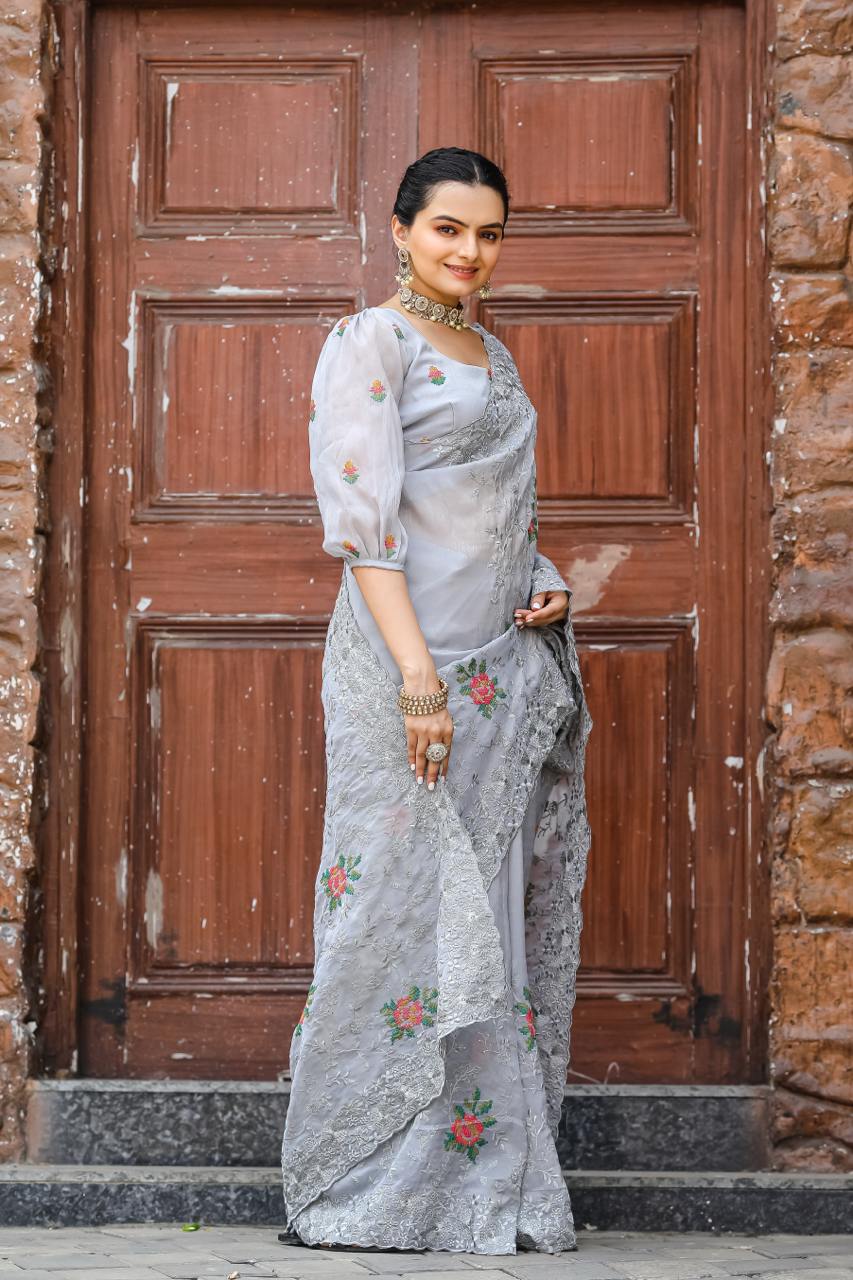 Women's Elegant Sage Green Georgette Saree with Delicate Floral Embroidery & Sequin Work – Perfect for Summer Festivities & Day Events - Image 16