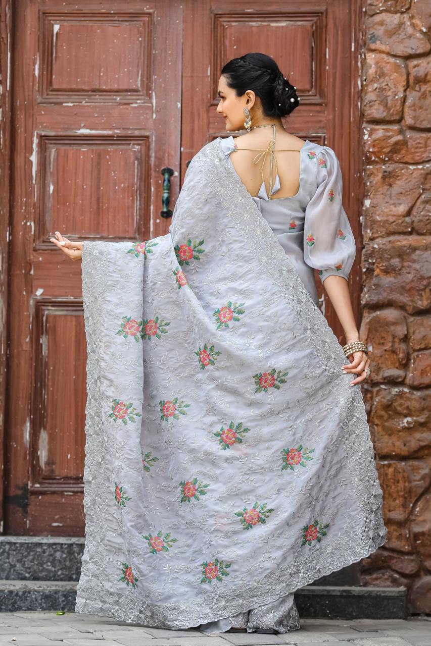 Women's Elegant Sage Green Georgette Saree with Delicate Floral Embroidery & Sequin Work – Perfect for Summer Festivities & Day Events - Image 14