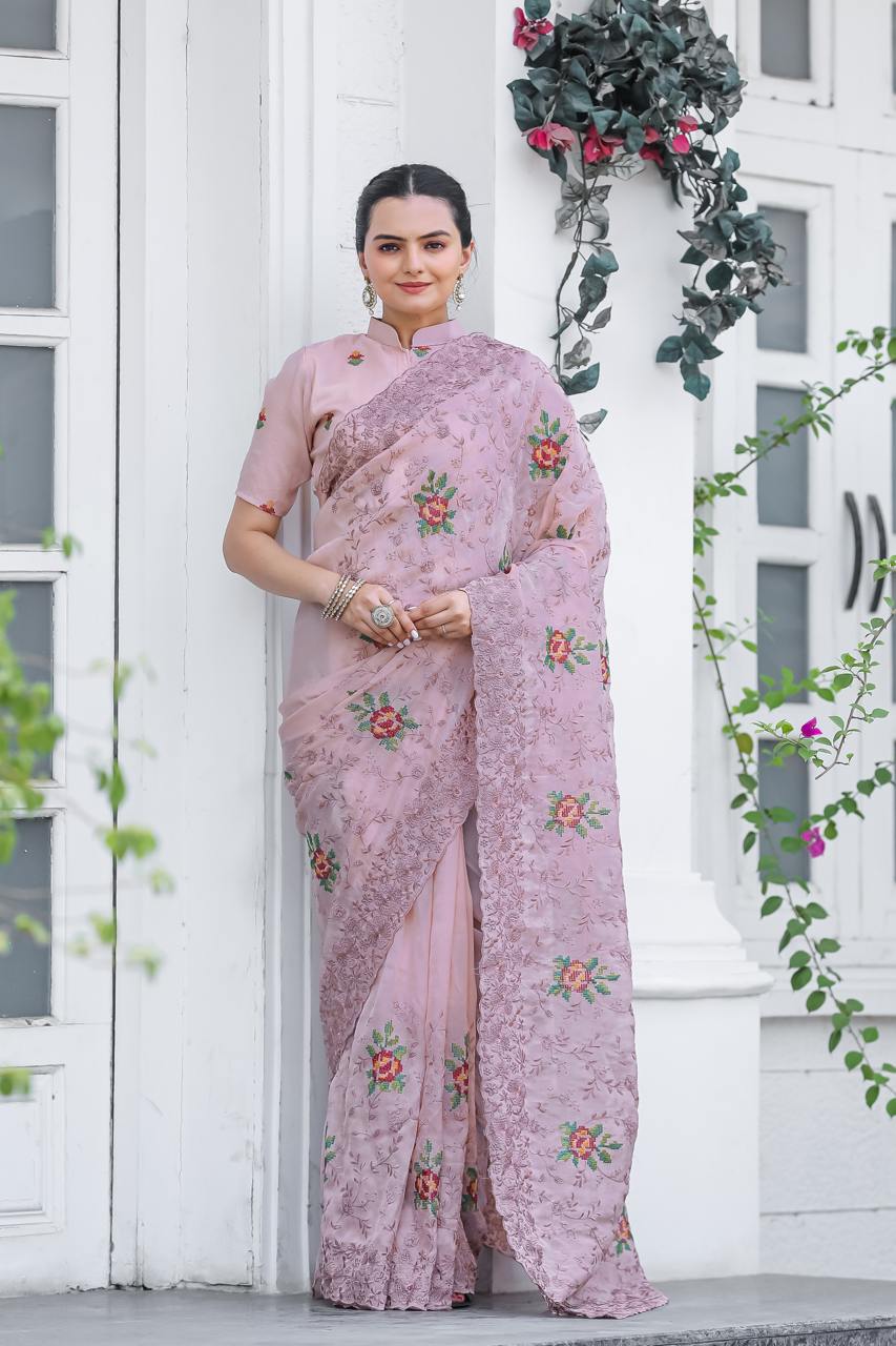 Women's Elegant Sage Green Georgette Saree with Delicate Floral Embroidery & Sequin Work – Perfect for Summer Festivities & Day Events - Image 12
