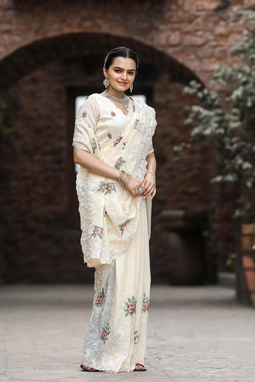 Women's Elegant Sage Green Georgette Saree with Delicate Floral Embroidery & Sequin Work – Perfect for Summer Festivities & Day Events - Image 2