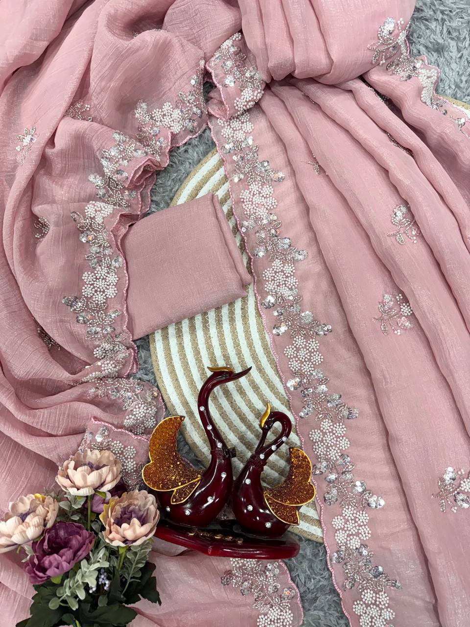 Women's Soft Pink Organza Saree with Delicate Pearl & Sequin Floral Embroidery – Lightweight Sheer Drape for Festive, Wedding & Party Wear - Image 7